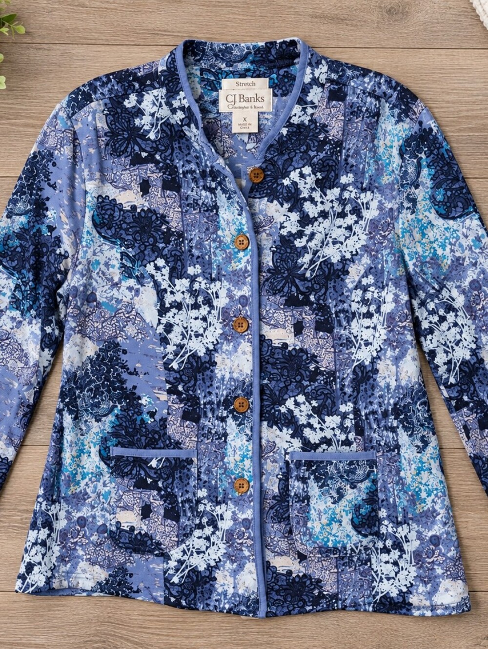 CJ Banks Women's Blue Floral Button-Up Jacket